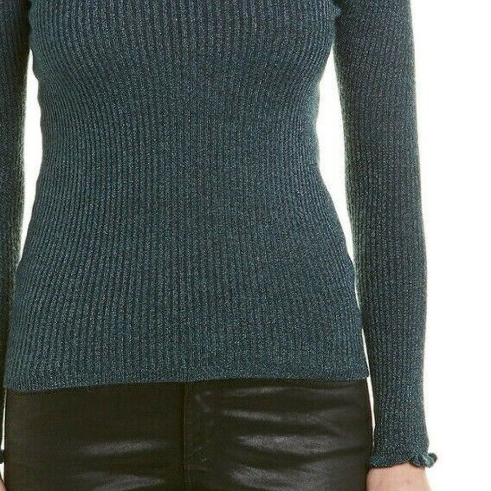 NEW REBECCA TAYLOR Open-Shoulder Metallic Ribbed Pullover Sweater in Blue size M - Picture 4 of 4